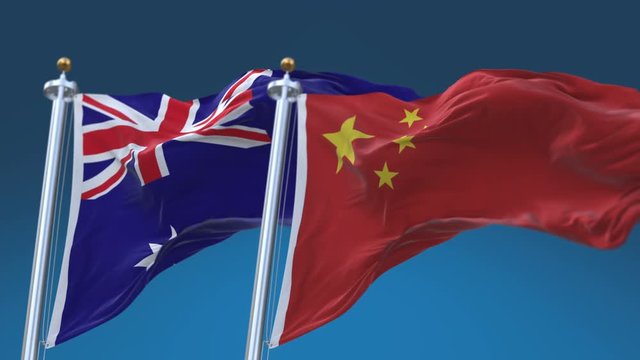 4k Seamless Australia and China Flags with blue sky background;A fully digital rendering;The animation loops at 20 seconds;AUS AU CHN CN.