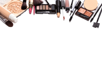 Day makeup set with copy space. Beauty products for natural make-up isolated on white. Decorative cosmetics background