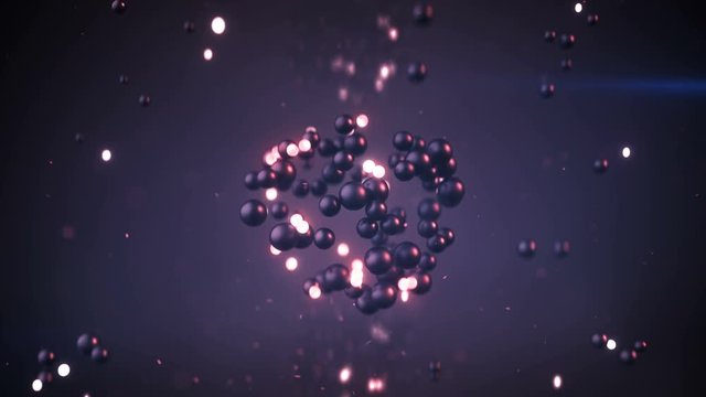 Group of purple spheres levitate. Abstract science fiction concept. Futuristic shape of glossy and glowing balls. Seamless loop 3D render animation 4k UHD 3840x2160