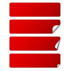 Set of red rectangle adhesive stickers with a folded edges, isolated on white background.