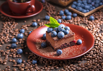 Chocolate dessert and coffee.