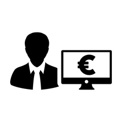 Stock market icon vector male user person profile avatar with computer monitor and euro sign currency money symbol for banking and finance business in flat color glyph pictogram illustration