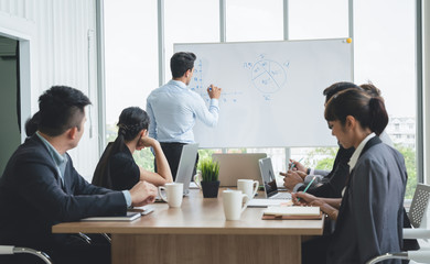 Businessman leader writing on the whiteboard present business marketing graph while meeting with colleagues in office.Business Team Meeting Presentation,Conference Planning Business Concept