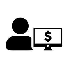Payment icon vector male user person profile avatar with computer monitor and dollar sign currency money symbol for banking and finance business in flat color glyph pictogram illustration