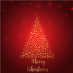 Beautiful Christmas card with a Christmas tree made of stars and with snowflakes on a red background