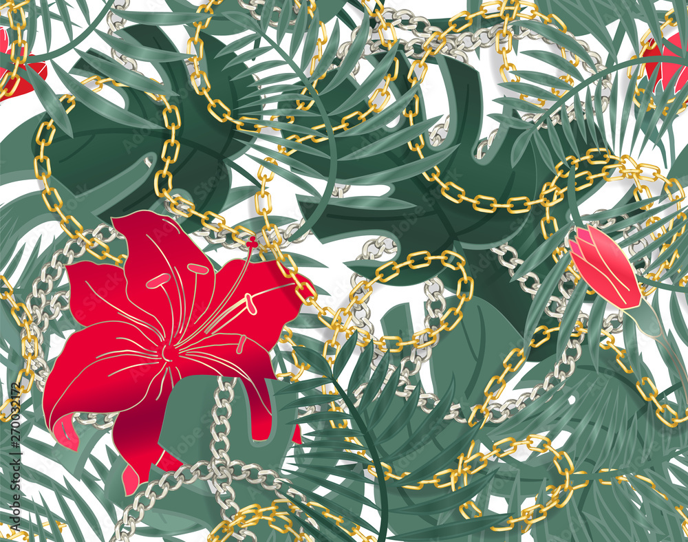Wall mural Seamless summer pattern with chains and tropical leaves and hibiscus flowers. Trendy fashion print. Tropical Seamless pattern with exotic flowers. Vector background - Wall murals