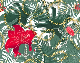 Foto op Plexiglas Bloemen en juwelen Naadloos zomerpatroon met kettingen en tropische bladeren en hibiscusbloemen. Trendy modeprint. Tropische naadloze patroon met exotische bloemen. Vector achtergrond