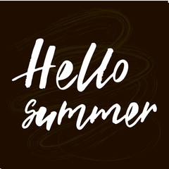 Hello summer handlettering text. Design print for t-shirt, postcard, label, logo, sign, emblem. Vector illustration on background.