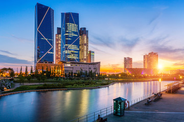 Seoul city with Beautiful after sunset, Central park in Songdo International Business District,...
