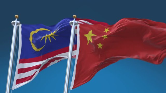 4k Seamless Malaysia and China Flags with blue sky background;A fully digital rendering;The animation loops at 20 seconds;MGL MY CN CHN.