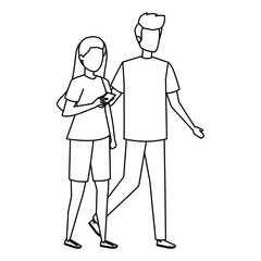 young couple using smartphone characters