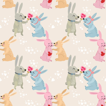 cute cartoon rabbit with heart seamless pattern