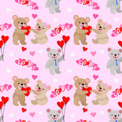 Cute bear and heart shape with balloon seamless pattern