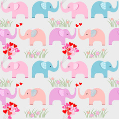 Cute cartoon elephant with heart shape balloon seamless pattern