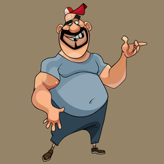 cartoon smiling muscular man in a cap says gesticulating