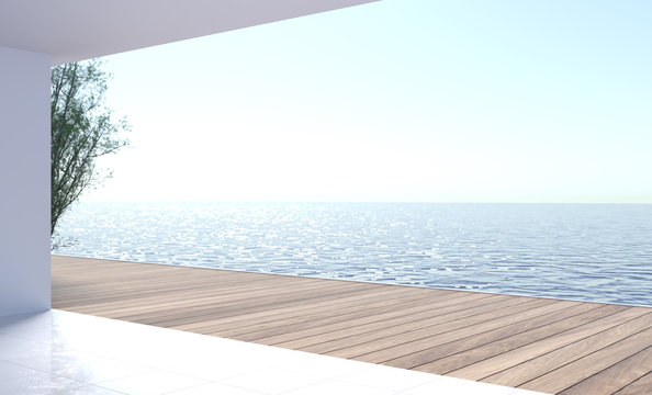 Empty wood floor summer relaxing sea view at luxury house swimming pool,beach and panoramic sea view 3d rendering sun loungers on Sunbathing interior Illustration background