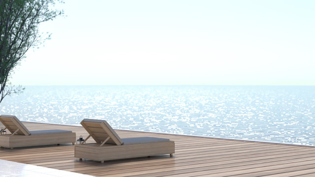 Wooden bed on the floor summer relaxing sea view at luxury house swimming pool,beach and panoramic sea view 3d rendering sun loungers on Sunbathing interior Illustration background