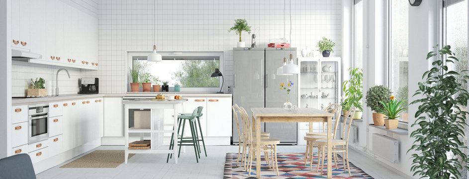 Helle Küche in moderner Wohnung mit Möbeln