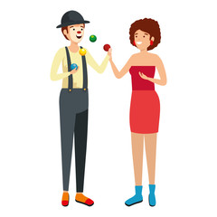 circus clown juggling balls with woman