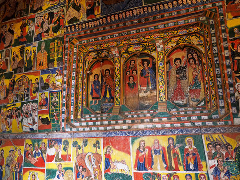 Religious frescoes on the walls of the Tana Haik Asus United monastery on Lake Tana in Ethiopia