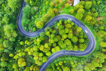 Aerial view on road in the forest. Highway throu the forest. View from a drone. Natural landscape...