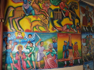 Religious frescoes on the wall of Tana Hayk Eysus United Monastery on Lake Tana in Ethiopia
