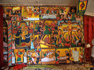 Religious frescoes on the wall of Tana Hayk Eysus United Monastery on Lake Tana in Ethiopia