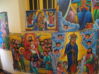 Religious frescoes on the wall of Tana Hayk Eysus United Monastery on Lake Tana in Ethiopia
