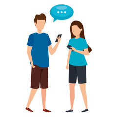 Fototapeta premium young couple using smartphone with speech bubble