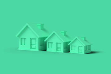Three Green empty houses on a yellow background abstract image. Minimal concept building business. 3D render.
