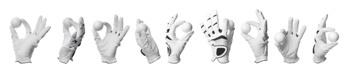 Set of gloves and golf balls on white background. Banner design