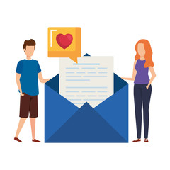 young couple with envelope and love speech bubble