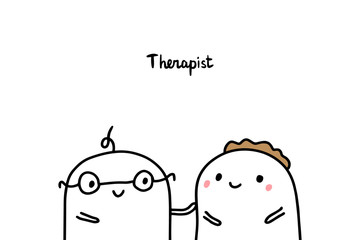 Therapist hand drawn vector illustration in cartoon style. Men doctor and patient