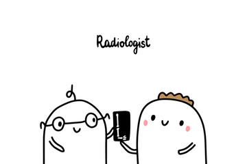 Radiologist hand drawn vector illustration in cartoon style. Xray and patient with men doctor