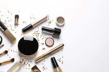 Set of luxury makeup products on white background, flat lay