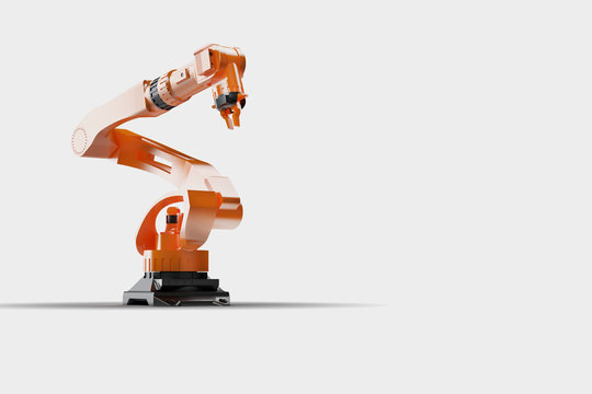 Industrial welding robots in production line manufacturer factory