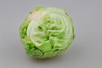 Head of fresh white cabbage isolated on gray. Close-up. Side view.