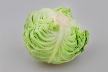 Head of fresh white cabbage isolated on gray. Close-up. Side view.