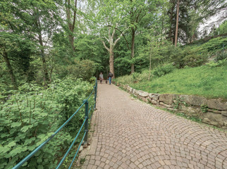 Unrecognizable people walking on a stone path among leafy vegetation