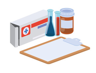 laboratory instruments with medicines in white background