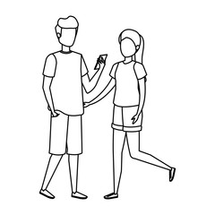 young couple using smartphone characters