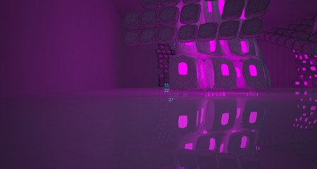 Abstract  white Drawing Futuristic Sci-Fi interior With Pink And Blue Glowing Neon Tubes . 3D illustration and rendering.