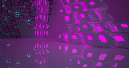 Abstract  white Drawing Futuristic Sci-Fi interior With Pink And Blue Glowing Neon Tubes . 3D illustration and rendering.