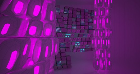 Obraz premium Abstract white Drawing Futuristic Sci-Fi interior With Pink And Blue Glowing Neon Tubes . 3D illustration and rendering.