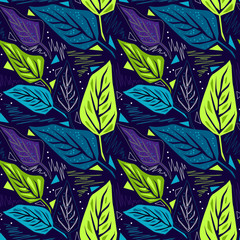 Seamless Botanical pattern. Green, blue, lilac leaves on dark background.