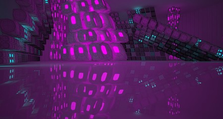 Abstract  white Drawing Futuristic Sci-Fi interior With Pink And Blue Glowing Neon Tubes . 3D illustration and rendering.