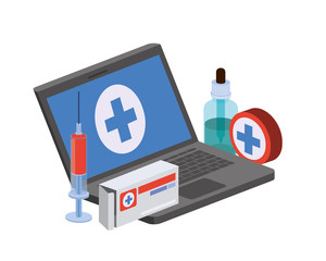 laptop with medicine drugs in white background