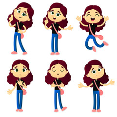 set of emotions cute young girl, cartoon style