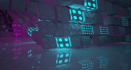 Abstract  white Drawing Futuristic Sci-Fi interior With Pink And Blue Glowing Neon Tubes . 3D illustration and rendering.