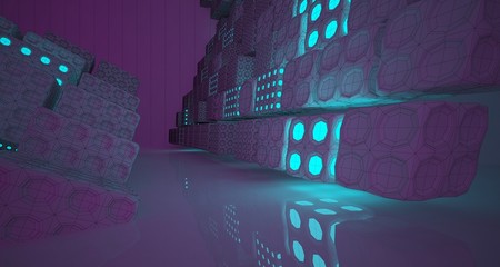 Abstract  white Drawing Futuristic Sci-Fi interior With Pink And Blue Glowing Neon Tubes . 3D illustration and rendering.